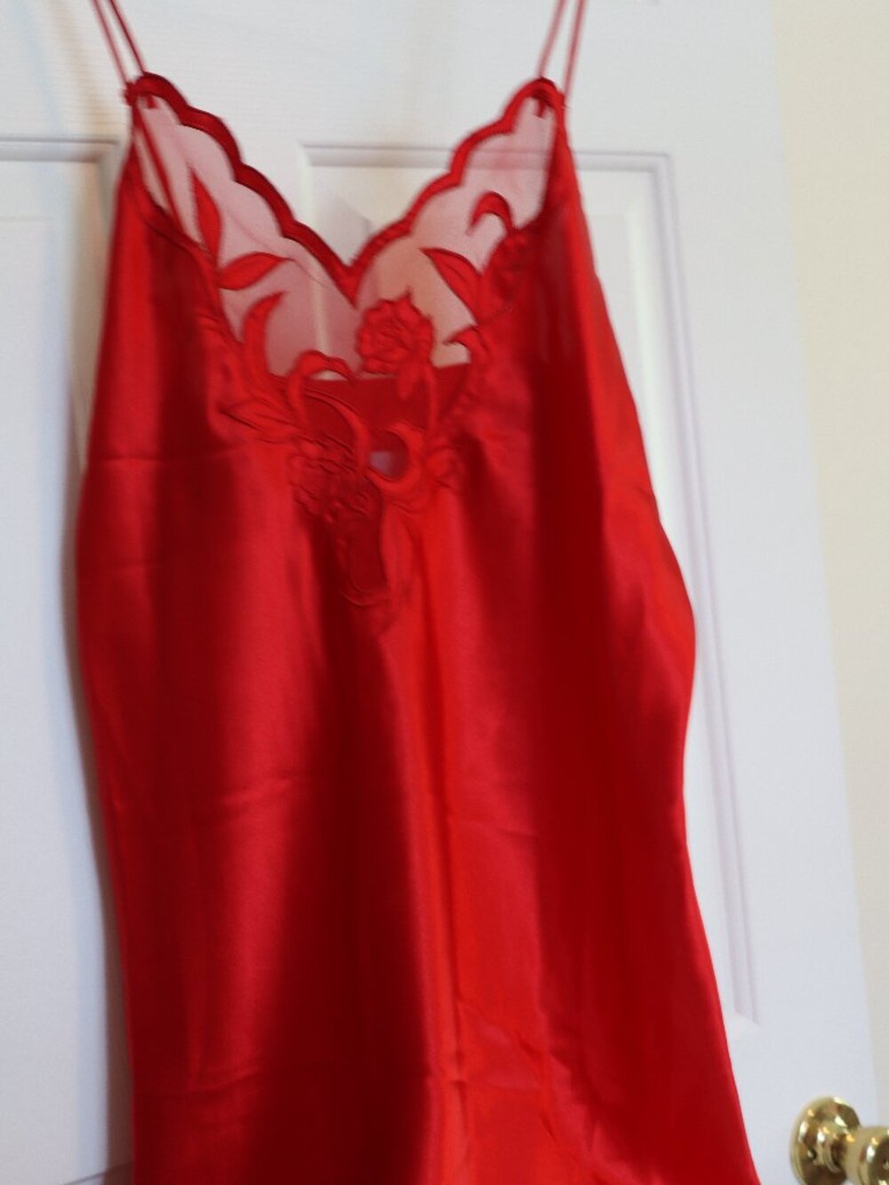 Women's Red Satiny Nightgown Sheer Bodice Adjustable Straps   Never Worn